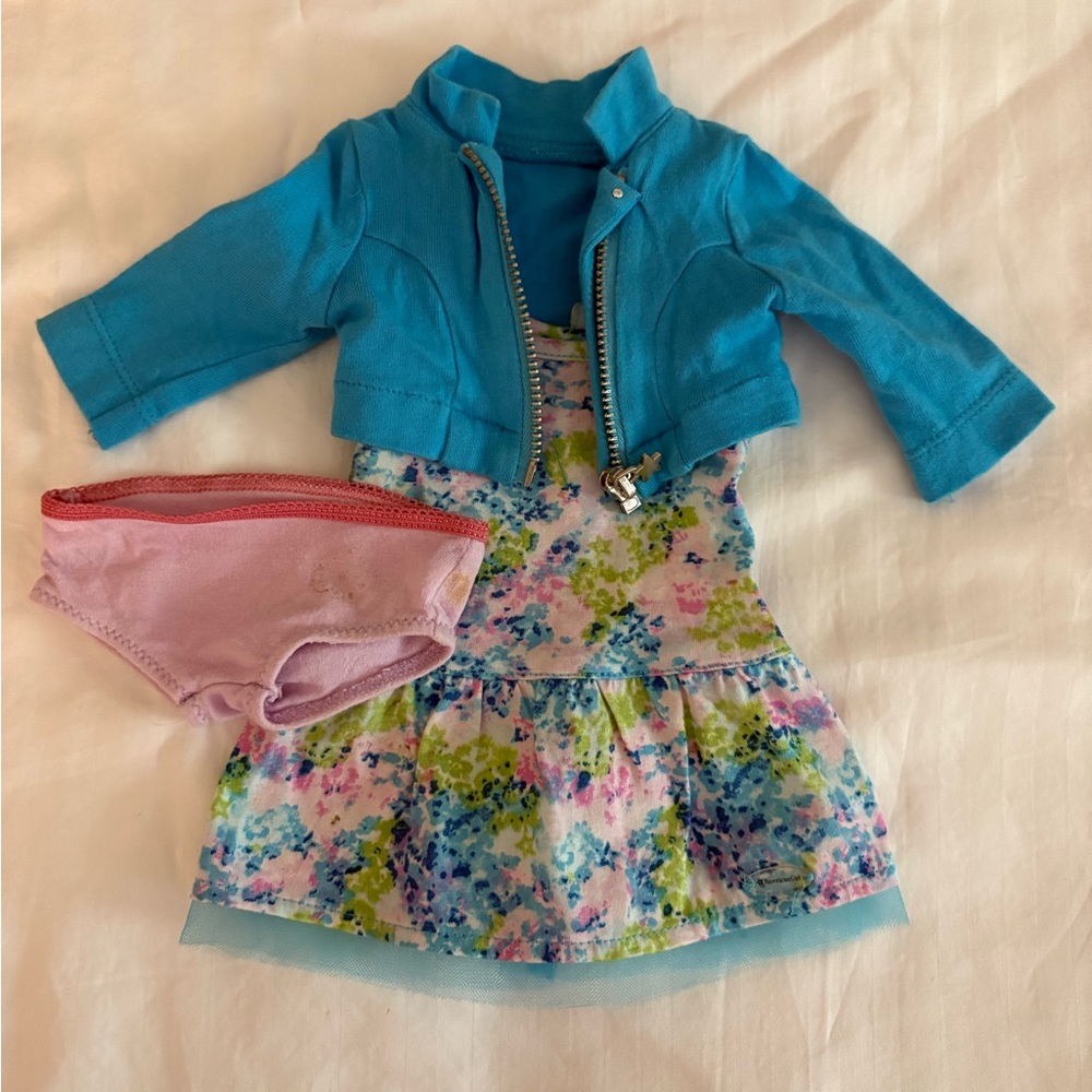 American Girl JLY meet outfit blue floral dress +blue jacket +pink panties